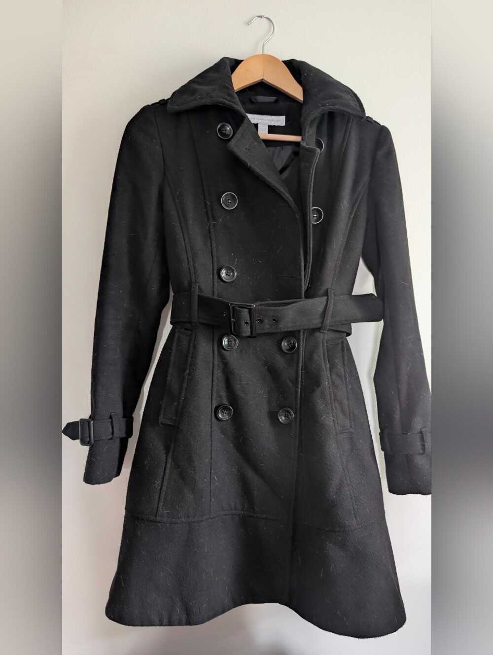 New York & Company Black Fluted Hem Trench Peacoat Black XS